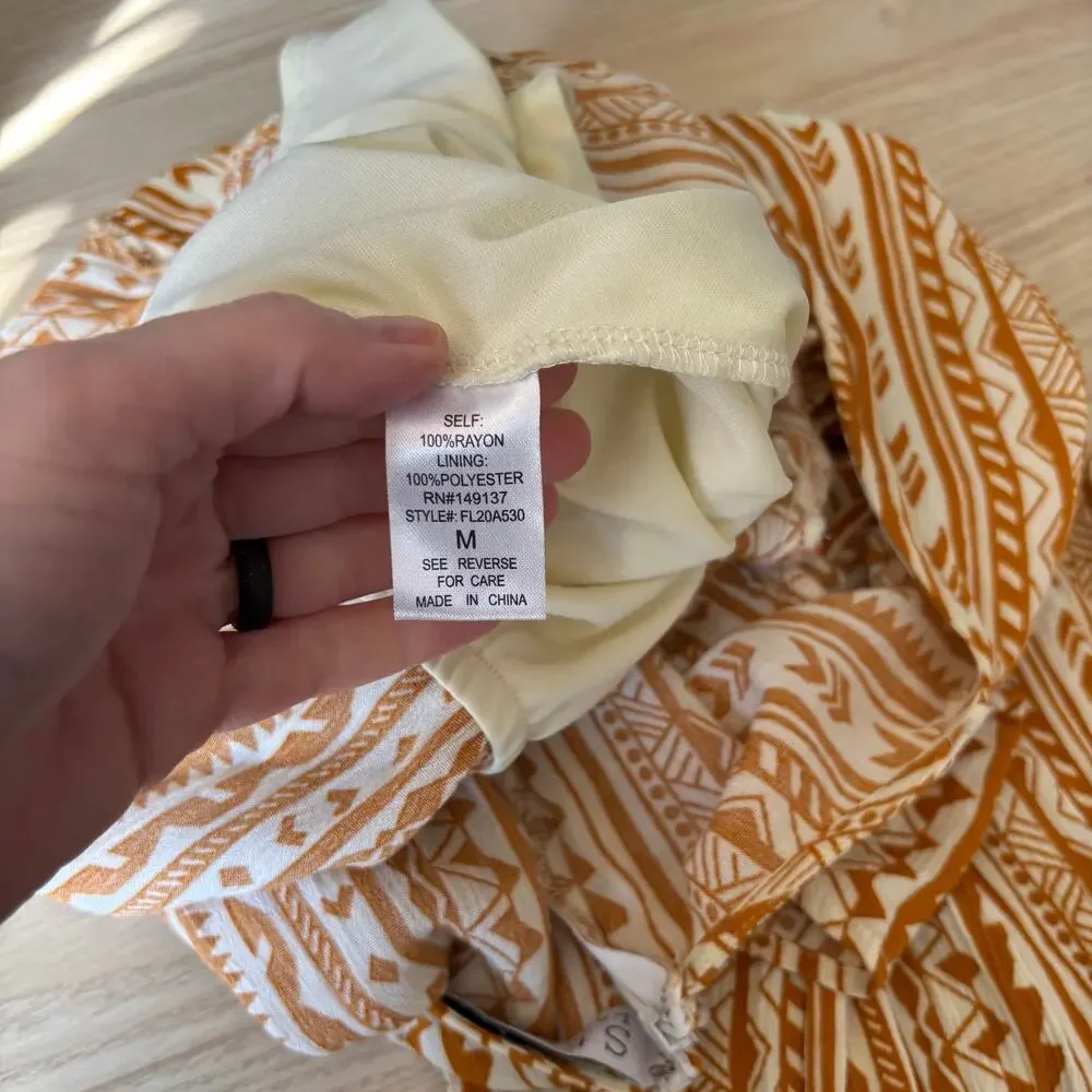 Stella Jumpsuit Medium Mustard Crop Tie Front Flowy Gauze Crinkle Boho Ikat Vaca